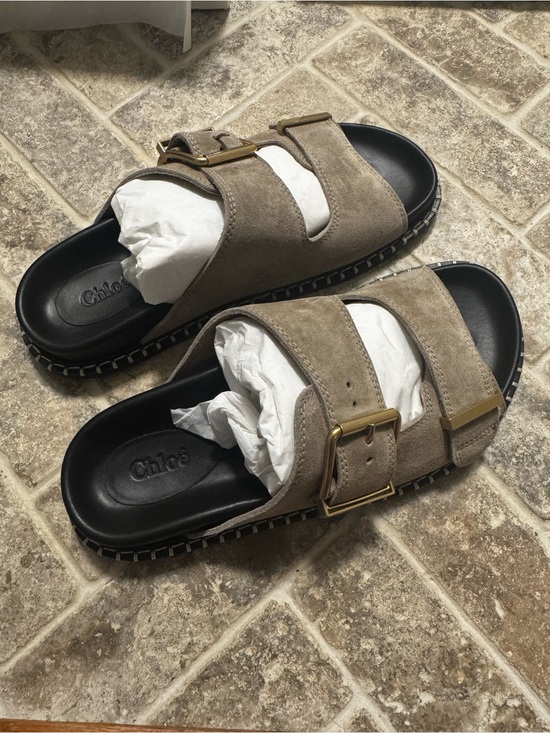 Chloe Shoes - NWT Chloé Rebecca Suede Double-Buckle Slide Sandals in Greige